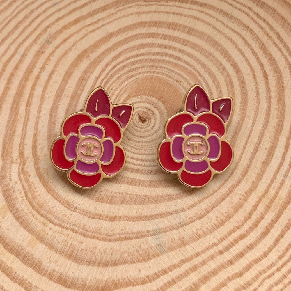 Authentic CHANEL Enamel CC Camellia Clip-on Earrings Multi-color